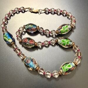 Murano Style Floral Glass Beaded Choker Sterling 925 Clasp